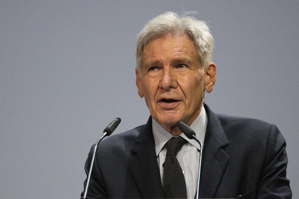 Actor Harrison Ford delivers a speech during the IUCN World Conservation Congress on Friday in Marseille, France.  (Daniel Cole)