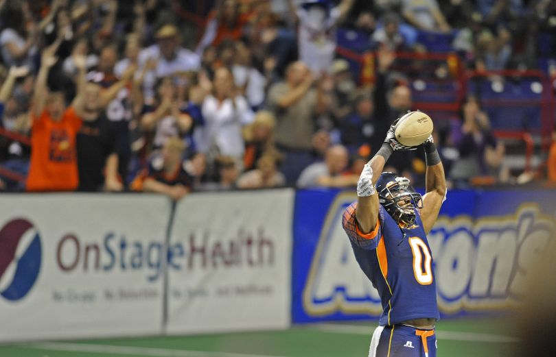 Spokane Shock wide receiver Greg Orton (0) poses at midfield after catching a first half touchdown against the Chicago Rush in the Spokane Arena, Saturday, June 18, 2011. (Christopher Anderson / The Spokesman-Review)