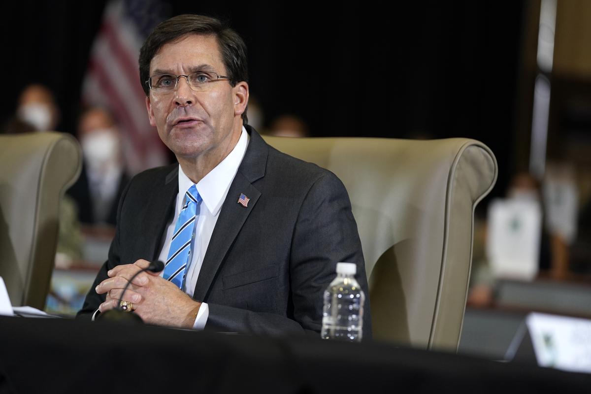 Defense Secretary Mark Esper speaks July 10 during a briefing on counternarcotics operations at U.S. Southern Command in Doral, Fla. Esper has signed a new policy that would bar the display of the Confederate flag at department facilities without actually mentioning its name, several U.S. officials said this week. Thursday, July 16. Esper discussed the new plan with senior leaders this week.  (Evan Vucci)