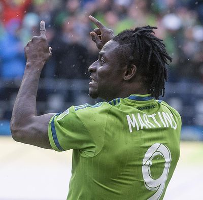Seattle Sounders Obafemi Martins reacts after his second scoring assist during an MLS soccer game against Real Salt Lake in Seattle, Sunday, Oct. 25, 2015. (Dean J. Koepfler / Associated Press)