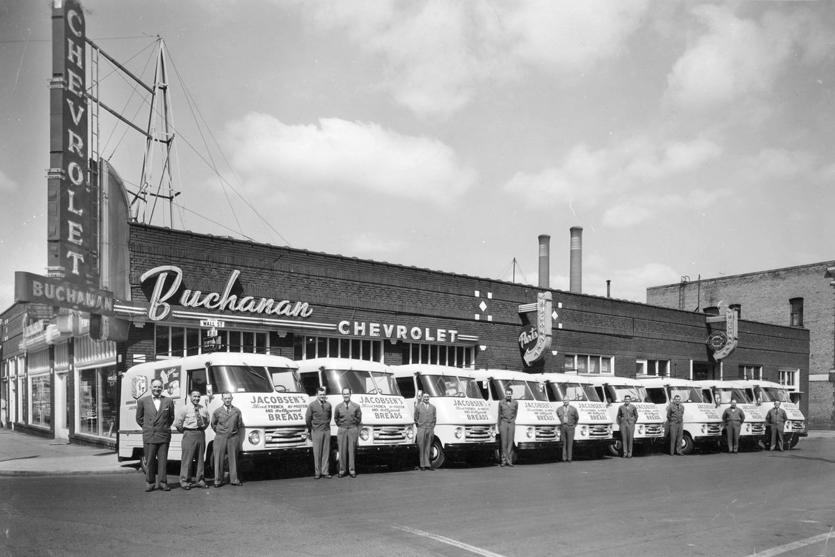 1954 - Jacobsen’s Bakery purchased a new fleet of vans from Buchanan Chevrolet in downtown Spokane. Jacobsen’s was started by Olaf Jacobsen in 1889 at 617 N. Ash St. Olaf died in 1946 and the bakery was being run by his five sons and one daughter. (Photo courtesy of Shirley Colling / Photo courtesy of Shirley Colling)