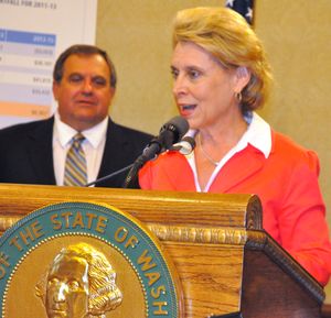 Gov. Chris Gregoire answers a question about  her new budgeting strategy during a press conference June 24, 2010 (Jim Camden/Spokesman-Review)