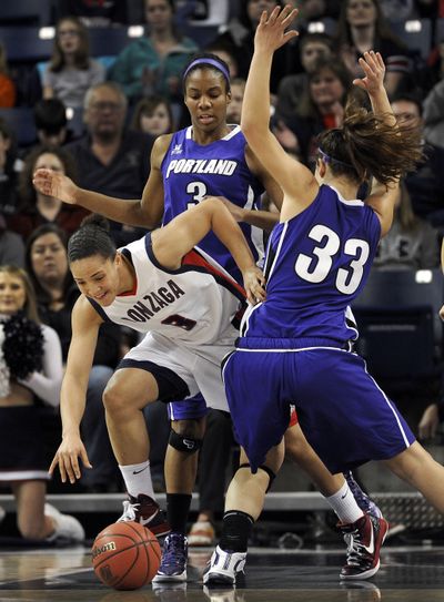 Gonzaga sophomore Haiden Palmer, taking control of loose ball against Portland earlier this season, will be playing in her first NCAA tournament game for the Zags. (Christopher Anderson)