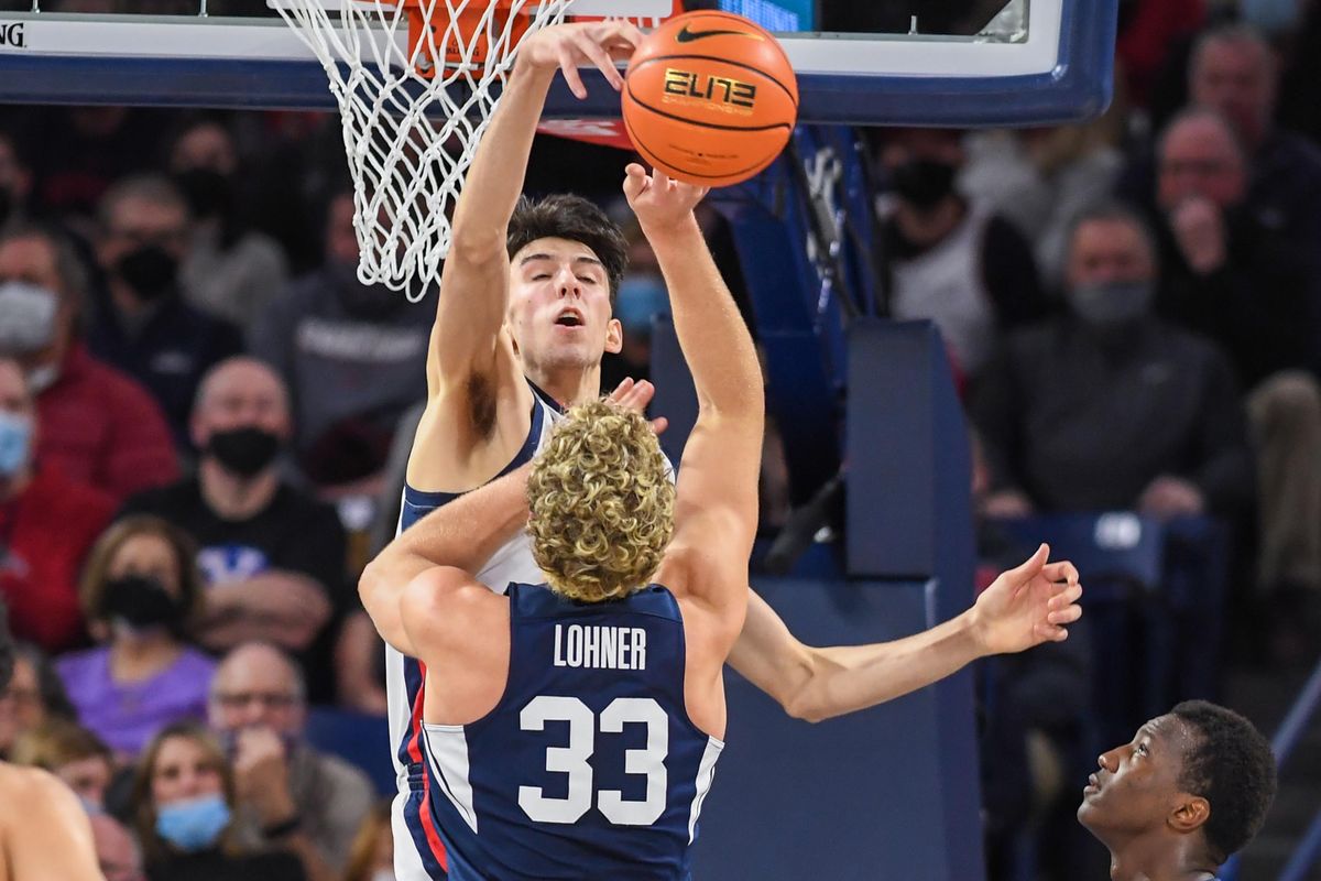 Gonzaga center Chet Holmgren rejects a shot by BYU forward Caleb Lohner, Thursday, Jan 13, 2022 in the McCarthey Athletic Center.  (Dan Pelle/THE SPOKESMAN-REVIEW)