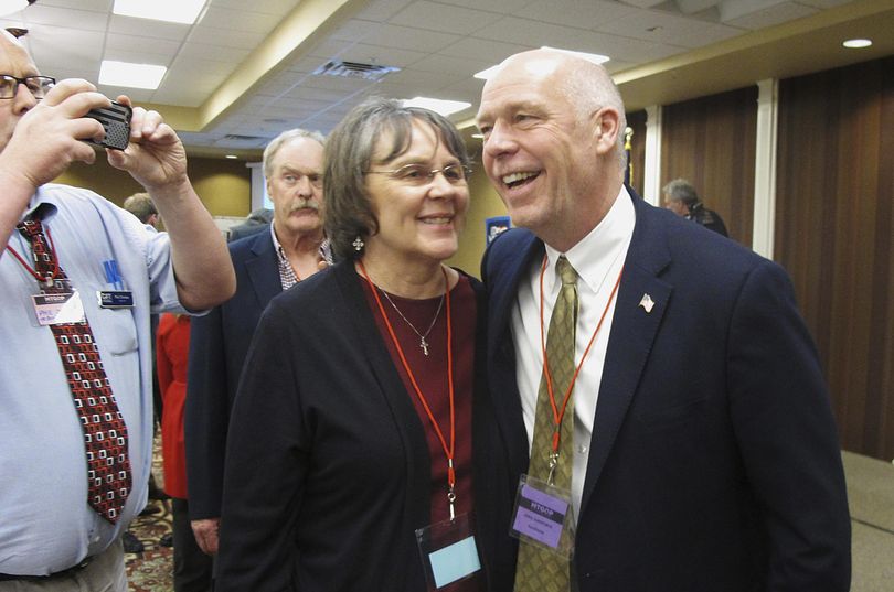 In this March 6, 2017, file photo, Greg Gianforte, right, receives congratulations from a supporter in Helena, Mont., after winning the Republican nomination for Montana’s special election for the U.S. House. (Matt Volz / Associated Press)