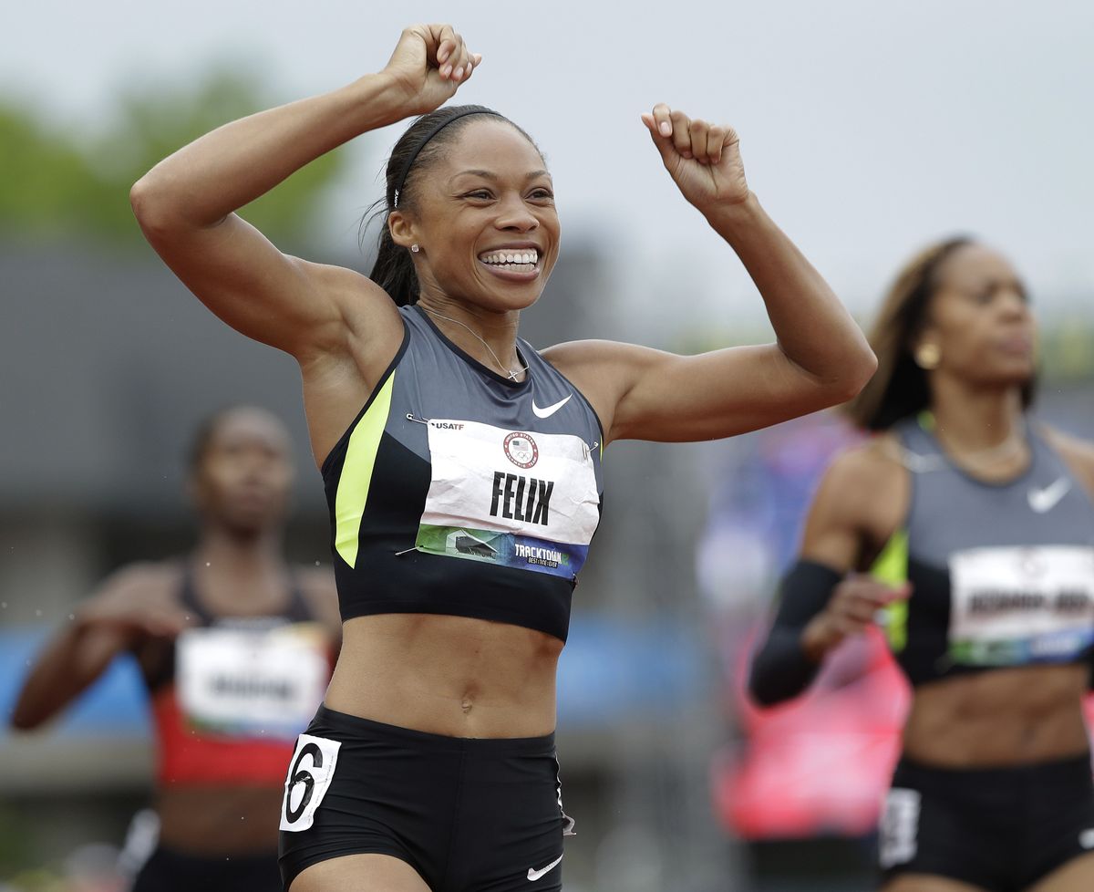 Allyson Felix rejoices after winning the women’s 200-meter run Saturday at the U.S. Olympic Trials in Eugene, Ore. (Associated Press)