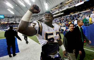 
Eight-year NFL veteran linebacker Steve Foley, who led the Chargers in sacks in 2004, is in trouble with the law.
 (Associated Press / The Spokesman-Review)