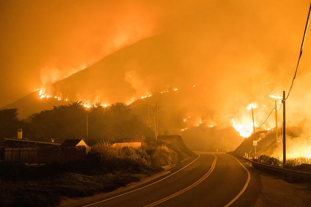 The Colorado Fire burns along Highway 1 near Big Sur, Calif., Saturday, Jan. 22, 2022.  (Nic Coury)