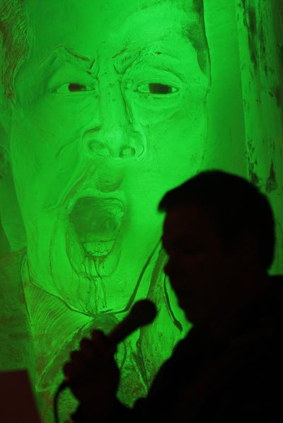 A “Frozen Gore” ice sculpture is unveiled Tuesday in Fairbanks, Alaska. The block, hooked up to the exhaust of a pickup  to make it appear Gore is spouting hot air, is a dig from two businessmen at Gore’s beliefs about climate change.