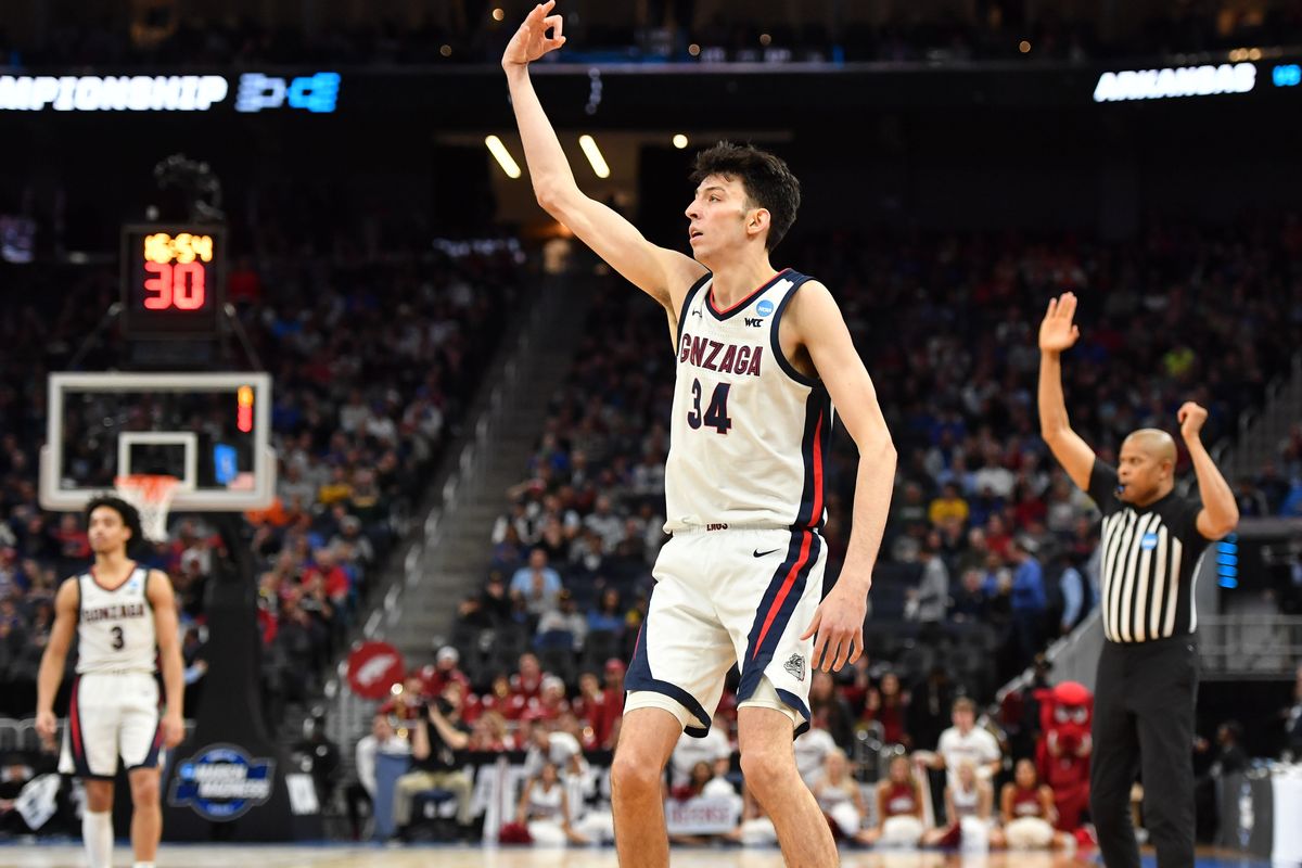 Gonzaga Bulldogs center Chet Holmgren (34) reacts after hitting a three against the Arkansas Razorbacks during the second half of a Sweet 16 game on Thursday Mar 24, 2022, at Chase Center in San Francisco, Calif. The Arkansas Razorbacks won the game 74-68.  (Tyler Tjomsland / The Spokesman-Review)