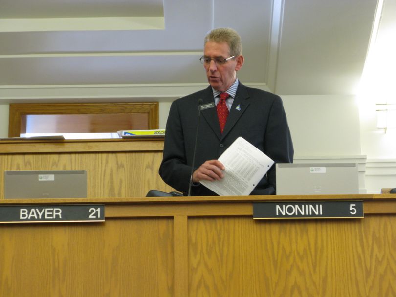 House Education Chairman Bob Nonini, R-Coeur d'Alene, asks the House on Thursday to pass his bill cutting $8.1 million next year from teacher pay and an early-retirement incentive program for educators. (Betsy Russell / The Spokesman-Review)