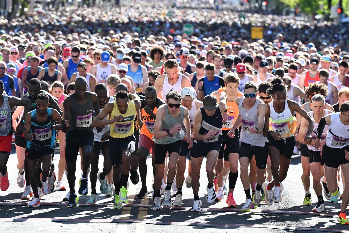 Runners take off at the sound of the starter’s pistol during the Bloomsday Elite Men’s Race on Sunday, May. 4, 2025, in Spokane, Wash.  (Tyler Tjomsland/The Spokesman-Review)