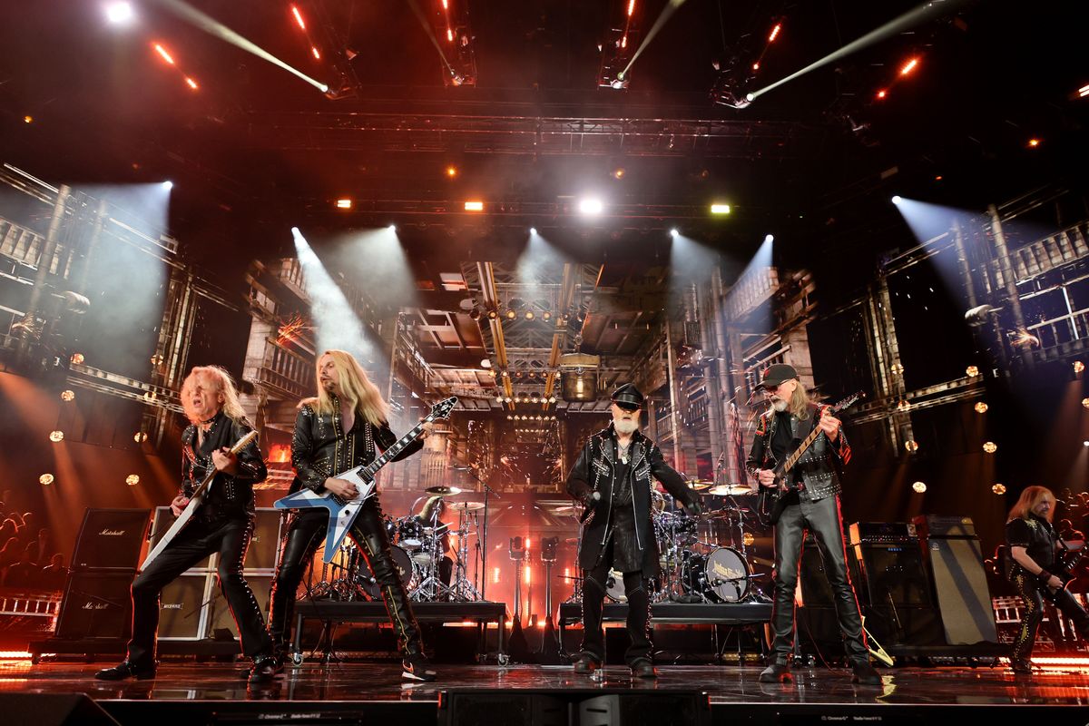 Inductees, from left, KK Downing, Richie Faulkner, Les Binks, Rob Halford, Glenn Tipton and Ian Hill of Judas Priest perform onstage the 37th Annual Rock & Roll Hall of Fame Induction Ceremony at Microsoft Theater on Nov. 5, 2022, in Los Angeles.  (Getty Images/For the Rock & Roll Hall of Fame)