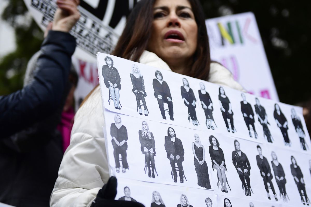 FILE - In this Monday, April 9, 2018 file photo, Sonia Ossorio, center, president of the National Organization for Women of New York, leads a protest after Bill Cosby arrived for his sexual assault trial at the Montgomery County Courthouse in Norristown, Pa. On Wednesday, June 30, 2021, as the nation watched Cosby released from prison, some worried it would have a chilling effect on survivors, who often don't come forward because they don't believe it will bring justice. And they wondered whether some of the movement’s momentum, already slowed by the pandemic, would be lost amid the feeling that another powerful man had gotten away with it — albeit on a technicality.  (Corey Perrine)