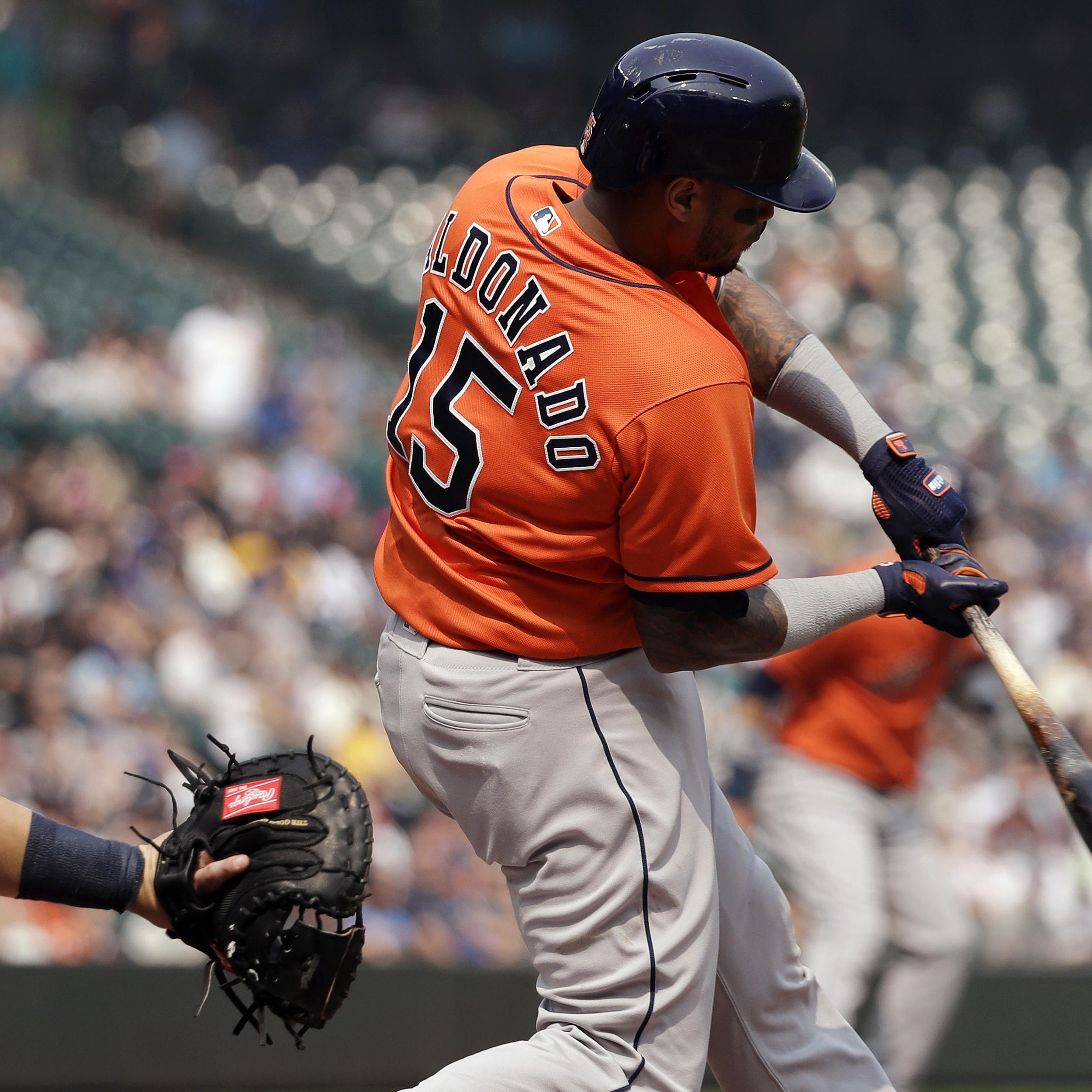 August 10, 2018: Houston Astros catcher Martin Maldonado (15) during a  Major League Baseball game between the Houston Astros and the Seattle  Mariners on 1970s night at Minute Maid Park in Houston