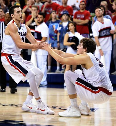 Gonzaga seniors Kyle Dranginis, left, and Kyle Wiltjer, along with fellow senior Eric McClellan, will be honored at Senior Night on Saturday when the Zags take on Saint Mary’s. (Colin Mulvany / The Spokesman-Review)