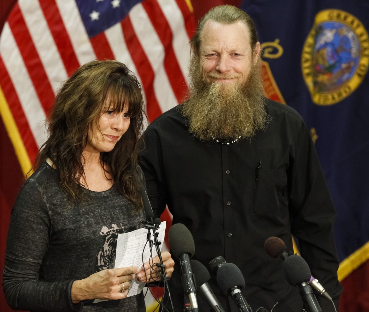 Jani and Bob Bergdahl speak to the media during a news conference at Gowen Field in Boise on Sunday. Their son, Sgt. Bowe Bergdahl, is back in American hands, freed for five Guantanamo terrorism detainees. (Associated Press)