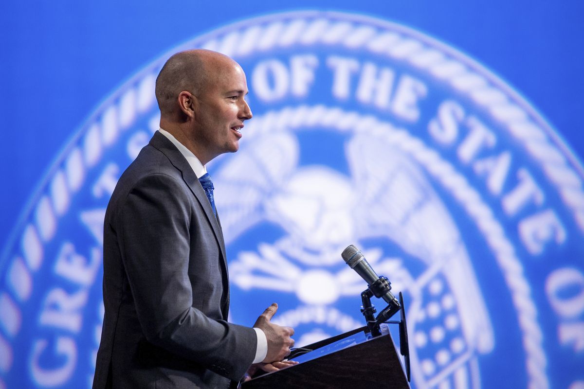 Utah Gov. Spencer Cox speaks during his monthly news conference on March 18, 2021, in Salt Lake City. Cox has signed a law requiring biological fathers to pay half of a woman