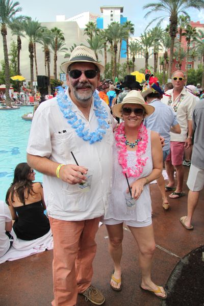 Nick Geranios and his wife, Ann Joyce, enjoy the party at The Flamingo in Las Vegas prior to renewing their vows.