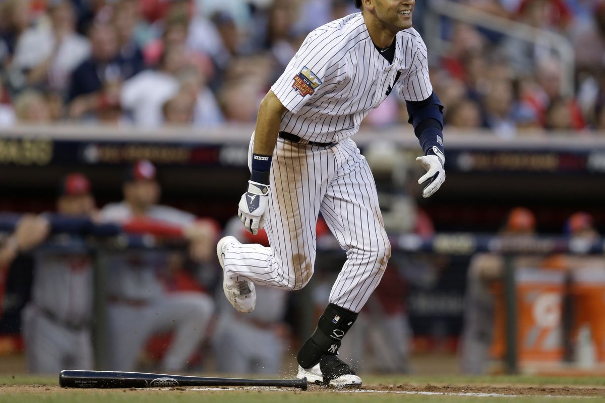 American League shortstop Derek Jeter, of the New York Yankees, singles during third inning of the MLB All-Star game.