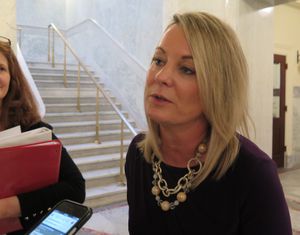 Idaho state schools Superintendent Sherri Ybarra talks with reporters after her budget presentation to state lawmakers on Thursday, Jan. 25, 2018. (Betsy Z. Russell)