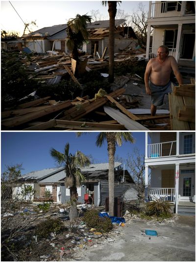 This combination photo taken Oct. 12, 2018, top, shows Dave Mullins looking out over the damage in front of his home, seen in background left, days after Hurricane Michael hit Mexico Beach, Fla., and the same home Jan. 25, 2019, bottom. “We recognize there are other places in the country that have issues. But northwest Florida in the last six weeks to eight weeks, we feel like we have fallen by the wayside,” said Mayor Al Cathey of Mexico Beach. (David Goldman / Associated Press)