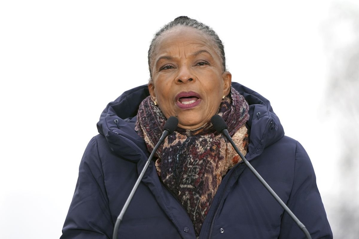 Former left-wing socialist minister Christiane Taubira delivers a speech to announce that she is candidate for the French presidential election 2022 during a visit in Lyon, central France, Saturday, Jan. 15, 2022.  (Laurent Cipriani)