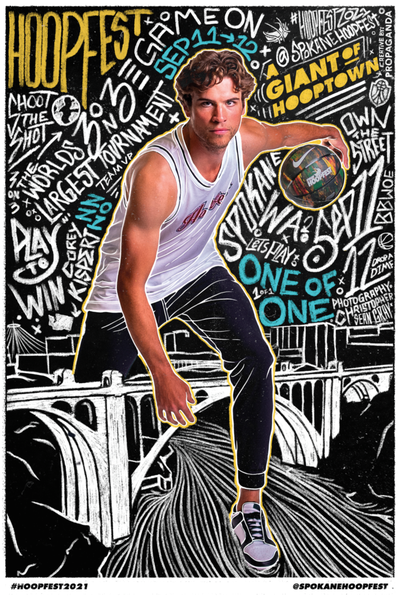 Corey Kispert on the cover of the 2021 Hoopfest poster designed by Propaganda Creative. Kispert was photographed by Christopher Sean Gray. (Spokane Hoopfest Association)