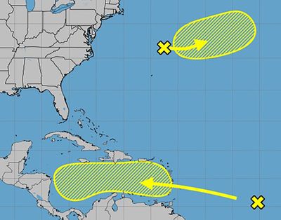 Storm activity in the Atlantic as of 4:30 p.m. on Friday.   (Tribune News Service )