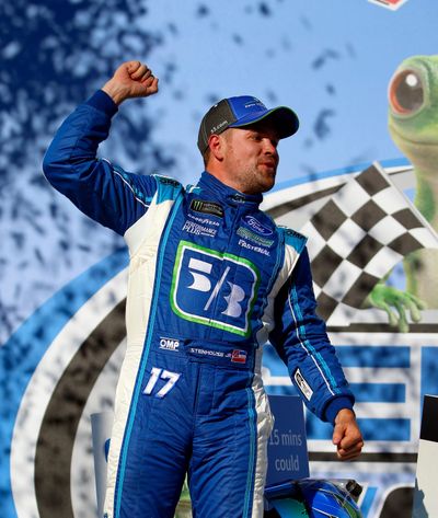 In this May 7, 2017, file photo, Ricky Stenhouse Jr. celebrates after winning the Geico 500 NASCAR Monster Cup series auto race at Talladega Superspeedway, in Talladega, Ala. Stenhouse Jr. returns to Talladega where he got his first Cup series win last spring, hoping to rebound from a slow start. (Butch Dill / Associated Press)