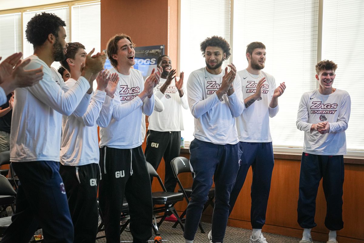 The Gonzaga men’s basketball team reacts to receiving a No. 5 seed during the NCAA Tournament Selection Show on Sunday at McCarthey Athletic Center.  (Courtesy of Gonzaga Athletics)