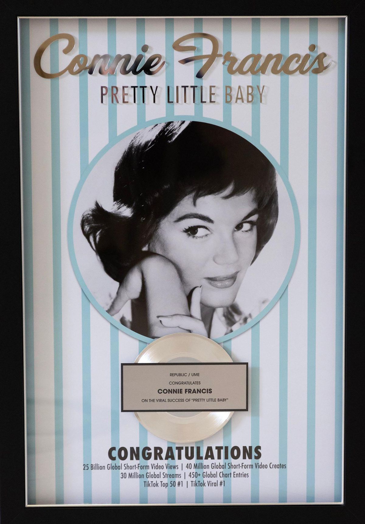 A plaque presented to Connie Francis at her home in Parkland, Florida, on June 6, 2025, commemorates the viral success of her 1962 song “Pretty Little Baby” on TikTok and streaming platforms in the spring of 2025. (Al Diaz/Miami Herald/TNS)