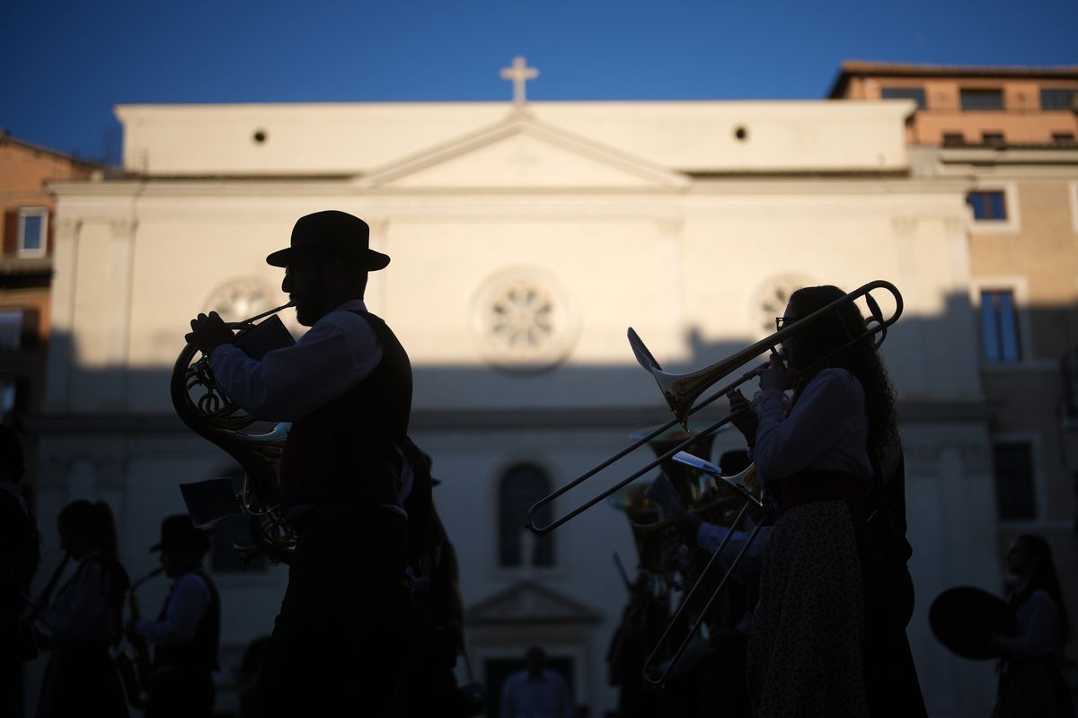 ROME, ITALY - MAY 10: A marching band performs in Piazza Navona as as part of the continuing Catholic Jubilee celebrations on May 10, 2025 in Rome, Italy. A sense of normality is returning to Rome, the Vatican and St. Peter's Square with the streets and alleyways a hive of activity in the days after Robert Francis Prevost, now known as Pope Leo XIV, was elected to the papacy. (Photo by Christopher Furlong/Getty Images)  (Christopher Furlong)