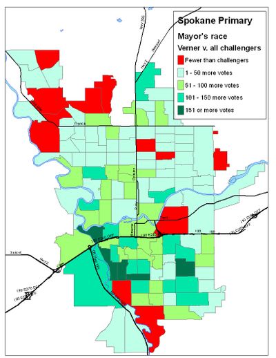 Updated map of Spokane Mayor's Race primay ballot count from 8-18 tally. (Jim Camden)