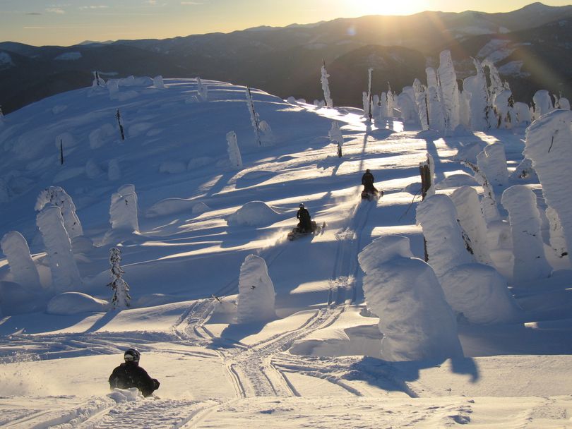 Following snow covered Forest Service roads snowmobilers gain elevation and access to outstanding off-trail powder, terrain, snow bowls, and scenery. (Craig Hill)