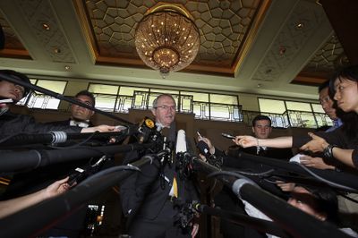 U.S. Assistant Secretary of State Christopher Hill speaks to reporters before  talks Saturday in Beijing, China.  (Associated Press / The Spokesman-Review)