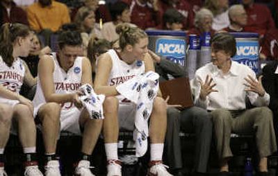 
The Spokesman Review Stanford coach Tara VanDerveer, right, was unhappy with a hard foul on Candice Wiggins during game against Pitt on Saturday.
 (TYLER TJOMSLAND The Spokesman Review / The Spokesman-Review)