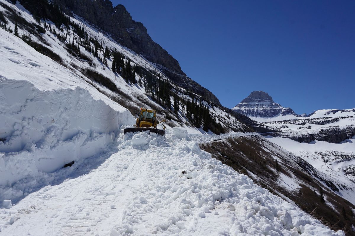 A bulldozer works to clear a drift covering a high portion of Going to the Sun Road in Glacier National Park on May 26, 2017. (National Park Service)