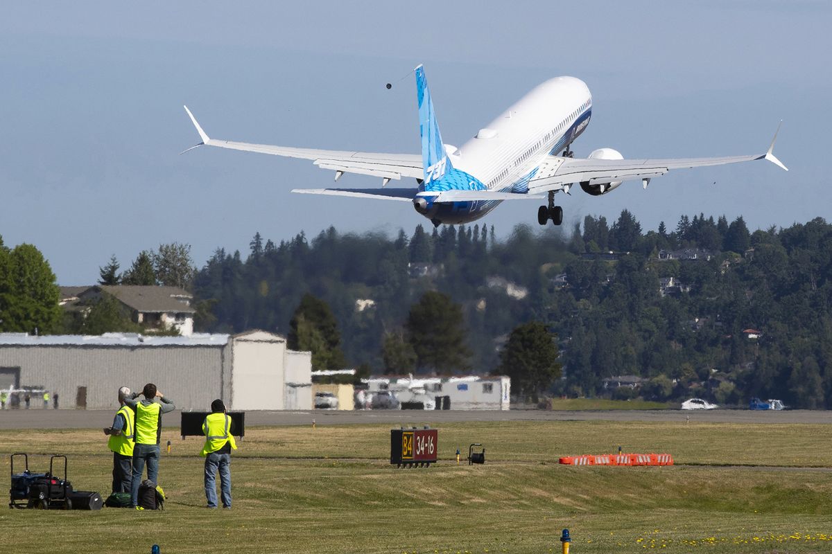 The final version of the 737 Max, the Max 10, takes off from Renton Airport in Renton, Washington on its first flight Friday, June 18, 2021.    (Ellen M. Banner/The Seattle Times/TNS)