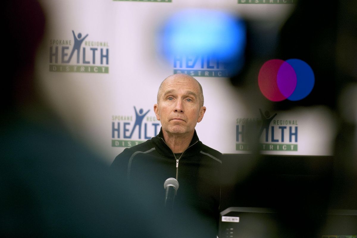 Spokane County Health Officer Bob Lutz answers questions during a press conference in March 2020. Eighteen new cases of the novel coronavirus were confirmed in Spokane on Sunday, a possible result of increased testing and contact tracing, Lutz said. (Kathy Plonka / The Spokesman-Review)