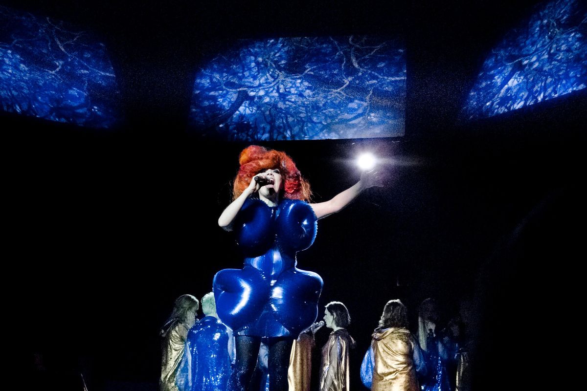 Björk performs at the New York Hall of Science in New York, on Feb. 3, 2012. The singer is performing a six-show residency centered around her album “Biophilia.”  (New York Times)