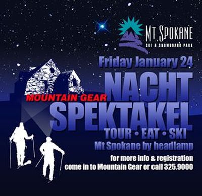 Nachtspektakel is a nighttime ski touring social event at Mount Spokane sponsored by Mountain Gear.
