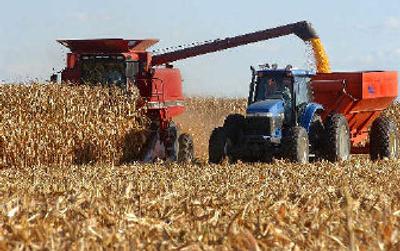 
John Wilcox unloads his combine while his son Dave drives the tractor alongside while harvesting corn in Springfield, Ill. 
 (Associated Press / The Spokesman-Review)