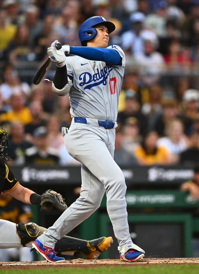 Shohei Ohtani of the Los Angeles Dodgers hits a solo home run during the third inning against the Pittsburgh Pirates at PNC Park on Sept. 2, 2025, in Pittsburgh. (Joe Sargent/Getty Images/TNS)  (Joe Sargent/Getty Images North America/TNS)