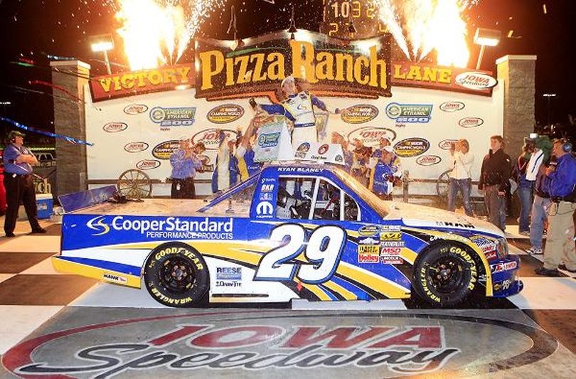 Ryan Blaney, driver of the #29 Cooper Standard Ram, celebrates after winning the NASCAR Camping World Truck Series American Ethanol 200 race at Iowa Speedway on September 15, 2012 in Newton, Iowa. (Photo Credit: Sean Gardner/Getty Images for NASCAR) (Sean Gardner / Getty Images North America)