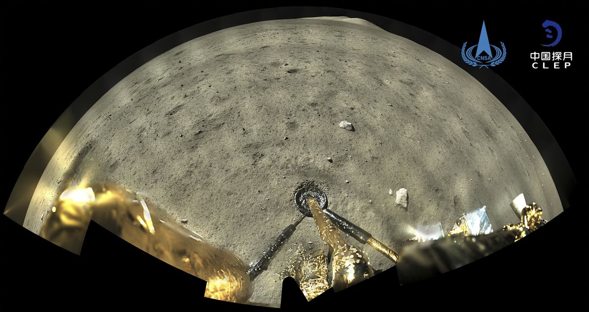 This image taken by panoramic camera aboard the lander-ascender combination of Chang