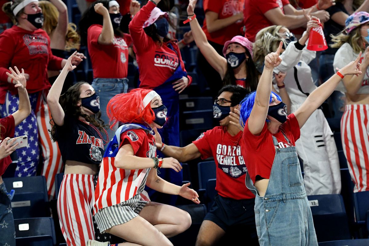 Gonzaga basketball fans cheer as they watch the televised Final Four matchup against UCLA at McCarthey Athletic Center on Sat. April 3, 2021.  (Kathy Plonka/The Spokesman-Review)
