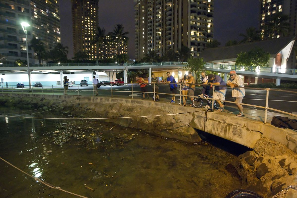 Visitors and Oahu residents watch the water level in the Ala Wai Harbor waiting for the arrival of a tsunami Saturday, Oct. 27, 2012, in Honolulu. A tsunami warning has been issued for Hawaii after a 7.7-magnitude earthquake rocked an island off the west coast of Canada. The Pacific Tsunami Warning Center originally said there was no threat to the islands, but a warning was issued later Saturday and remains in effect until 7 p.m. Sunday. A small craft advisory is in effect until Sunday morning. (Eugene Tanner / Fr168001 Ap)