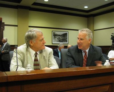 Rep. Phil Hart, right, talks with his attorney, Starr Kelso, left, at the House Ethics Committee hearing. (Betsy Russell)