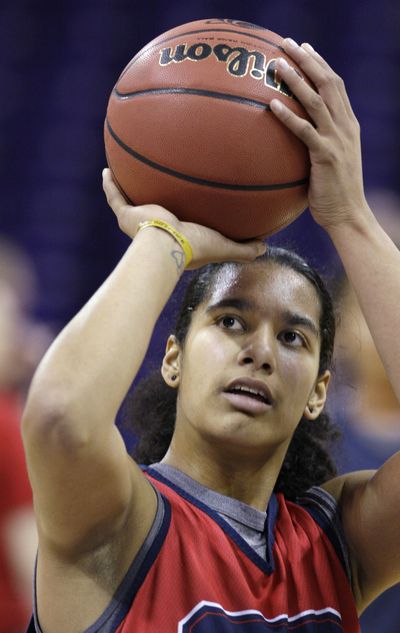 Gonzaga’s Vivian Frieson shoots during practice for the NCAA tournament in Seattle on Friday.  (Associated Press)